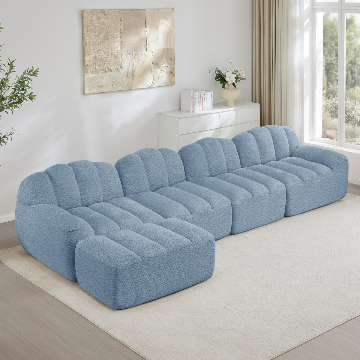 4-SITZER ECKSOFA Granulierter Fleece Blau mit Ottomane - Blau, Textil (366/165cm) - WISHDOR