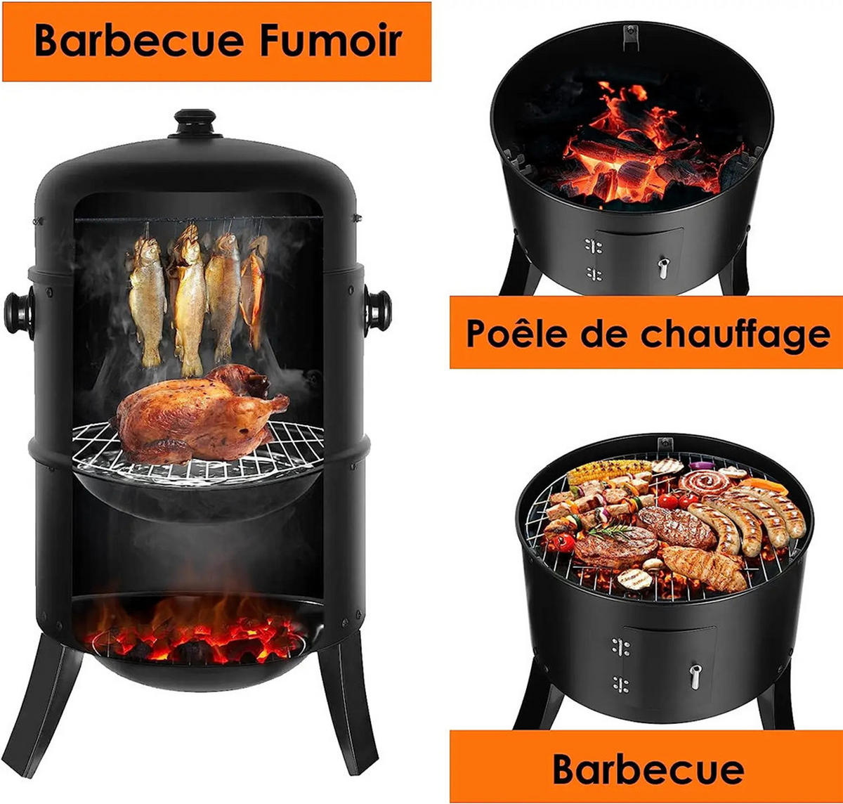 HOLZKOHLEGRILL Räucherfass Grill mit Thermometer BBQ - Schwarz, Metall (44.5/80cm) - Kaket
