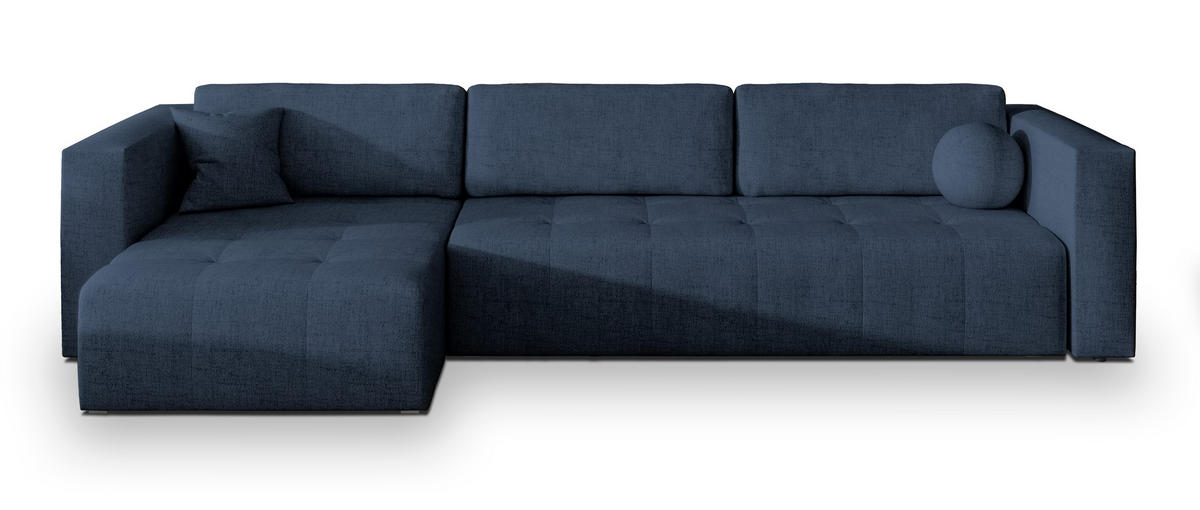 ECKSOFA OLVERA Blau Geflochtener Stoff mit Schlaffunktion - Blau, Holz (347/148cm) - MASSENO
