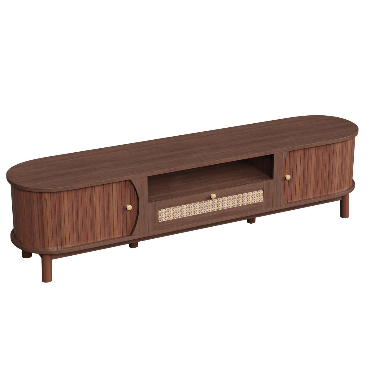 TV-SCHRANK Nussbaum 165/37/46 cm, Rattan-Optik, Schiebetür, Massivholzfüße - Walnussfarben, Holzwerkstoff (165/46/37cm) - PANGIVO