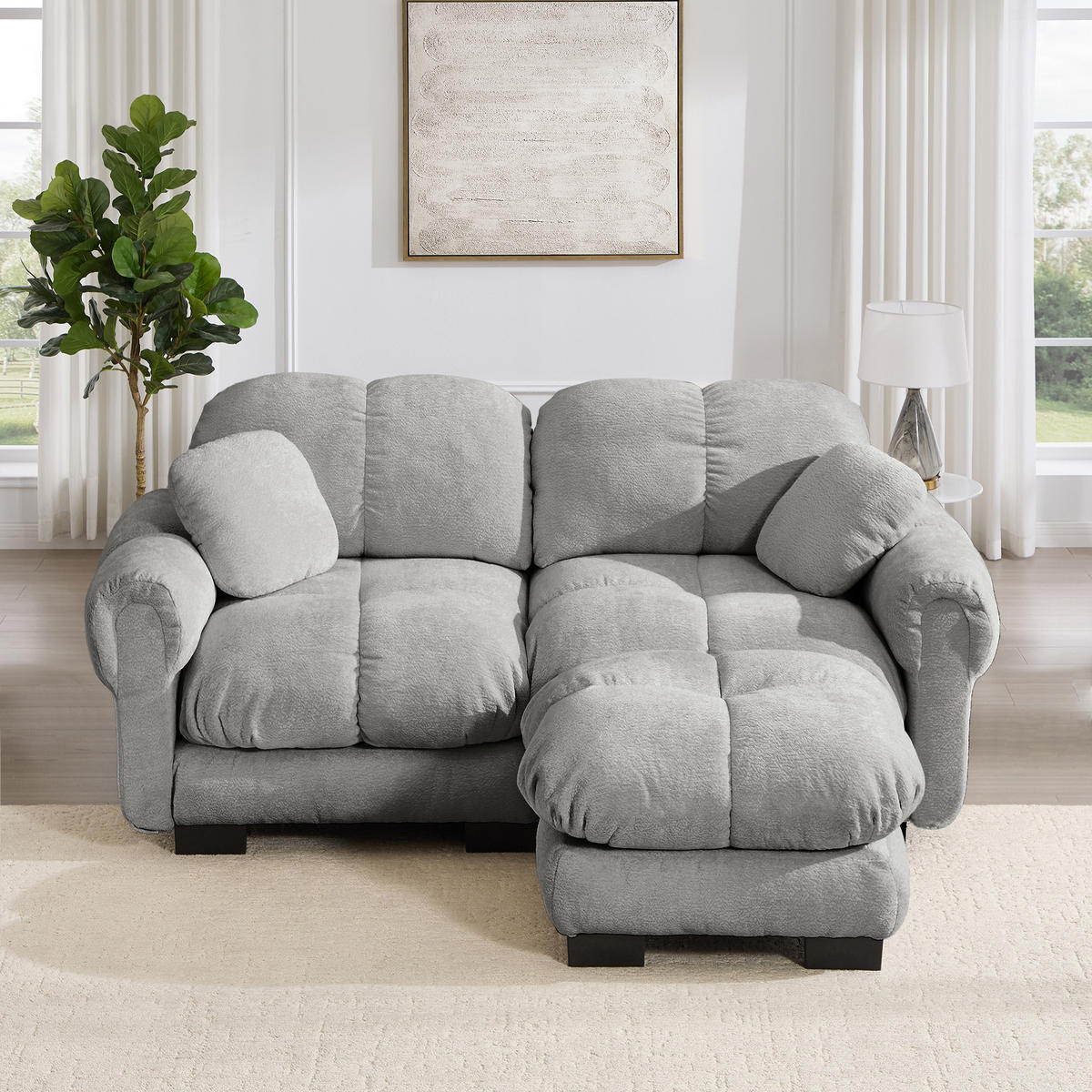 ECKSOFA DE-34384 L-Form mit Ottoman und Steppdesign Hellgrau - Hellgrau, Textil (149/190cm) - ComfortXL
