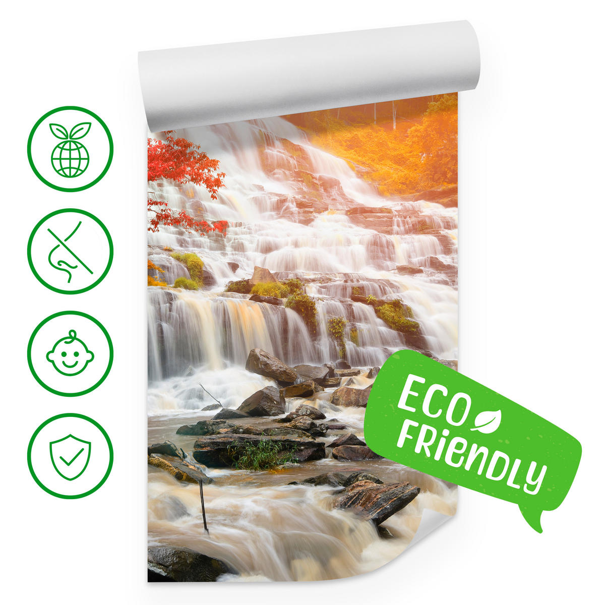 FOTOTAPETE für Küche Herbstlicher Wasserfall Bäume Blätter Felsen 400x280 - Beige/Orange, Papier (400/280cm) - Muralo
