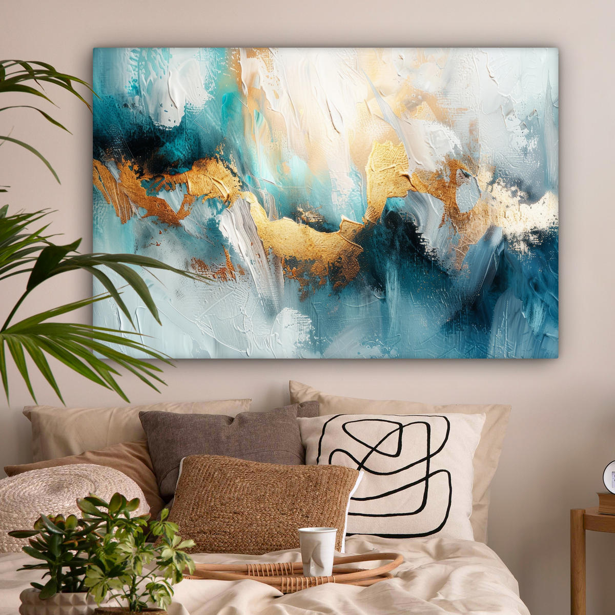 LEINWANDBILD Abstrakt - Kunst - Gold - Blau Wohnzimmer 120x80 cm - Petrol, Textil (120/80cm) - MuchoWow
