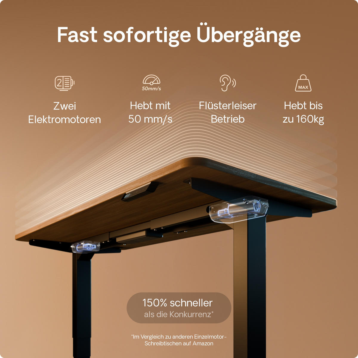 SCHREIBTISCH Elektrisch Höhenverstellbarer HomePro 160x80cm Schwarz/Walnuss mit Memory-Funktion, Anti-Kollisions Technologie - Walnussfarben/Schwarz, Holzwerkstoff (80/160/62cm) - Desktronic