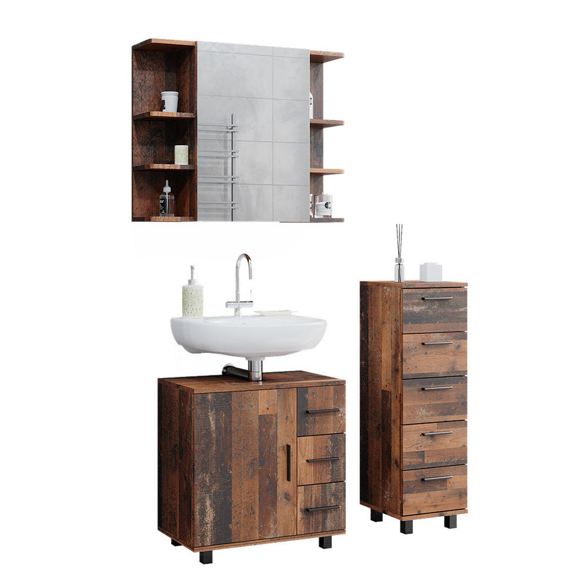 BADMÖBEL-SET Ilias Eiche rustikal 3 Teile, mit Midischrank - Wildeiche, Holzwerkstoff (60/60.8/33cm) - Vicco