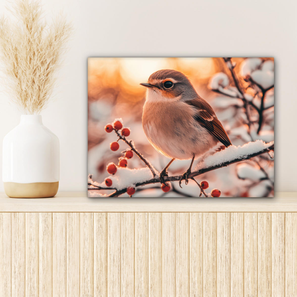 LEINWANDBILD Vogel - Zweig - Winter - Tiere - Schnee 40x30 cm - Bernsteinfarben, Textil (40/30cm) - MuchoWow