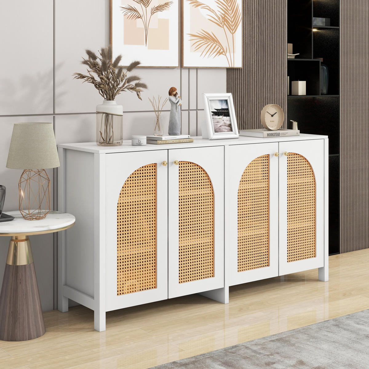 SIDEBOARD in Weiß mit 4 Türen aus Kunst-Rattan und verstellbaren Regalböden,145/40/80 cm - Weiß, Holzwerkstoff (145/40/80cm) - Flora Grace