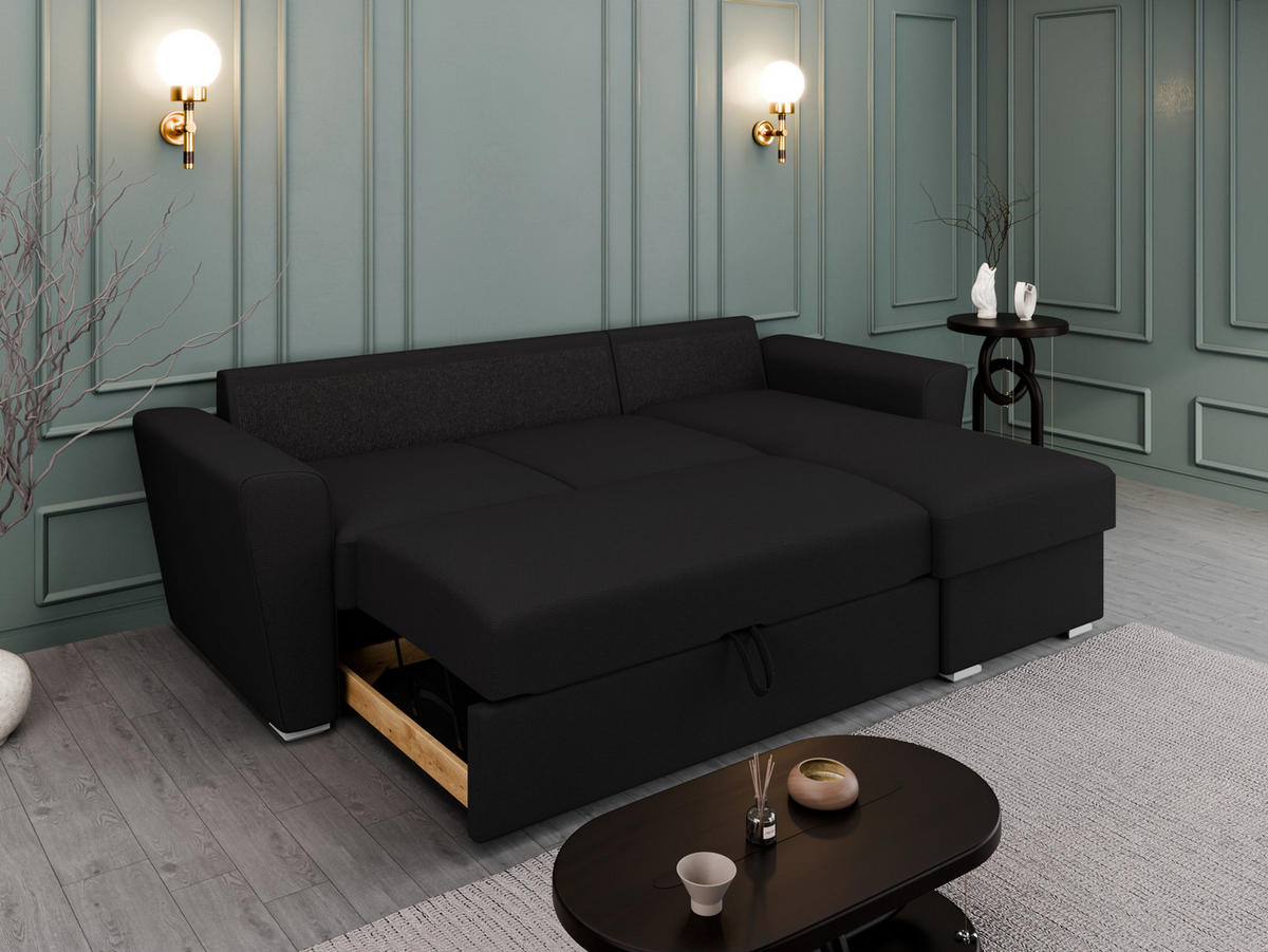 ECKSOFA Bellano Ecksofa L-Form - links oder rechts montierbar, schwarz - Schwarz, Holz (243/156cm) - Panda Möbel