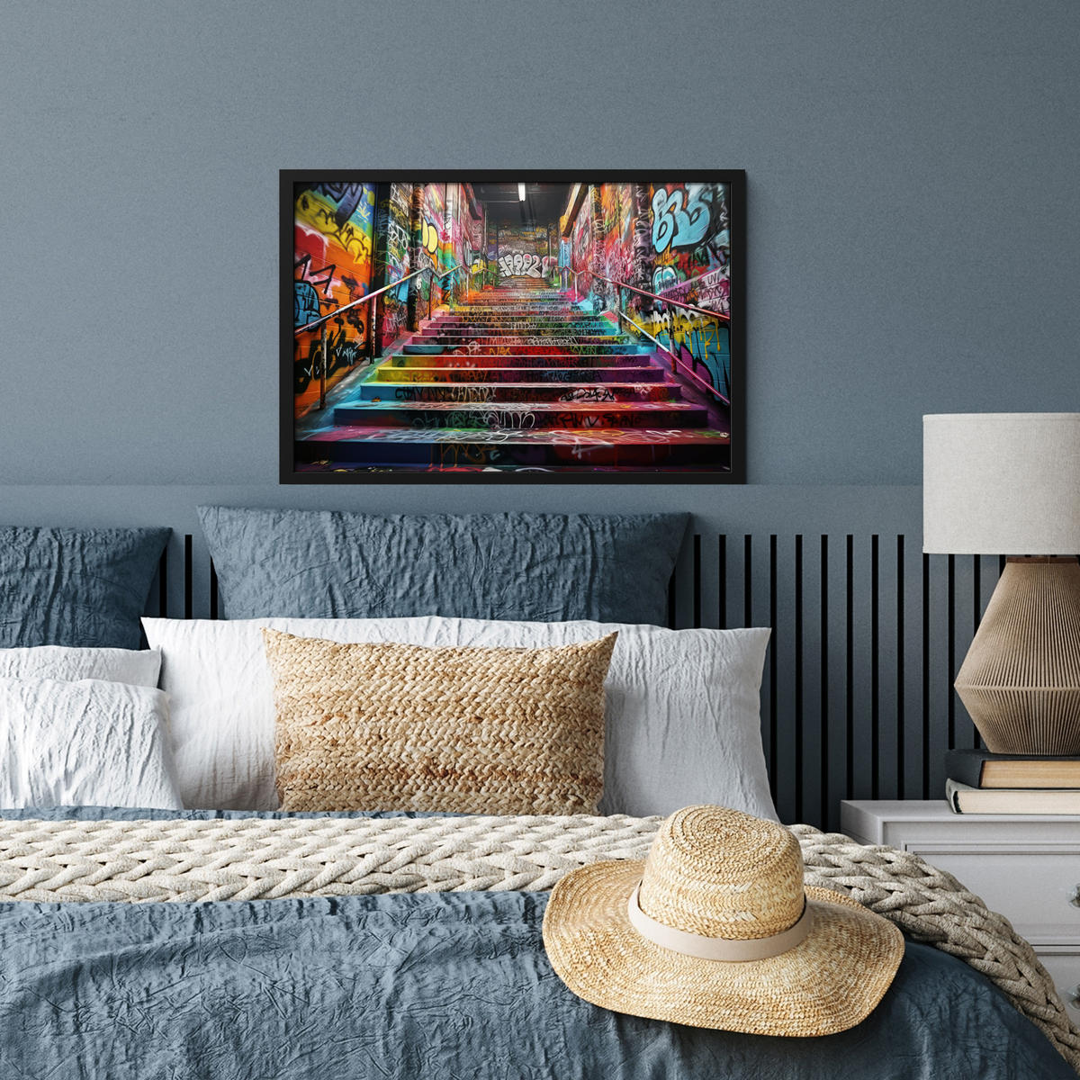POSTER MIT RAHMEN Treppe - Graffiti - Farben - Kunst 60x40 cm - Multicolor, Papier (60/40cm) - MuchoWow