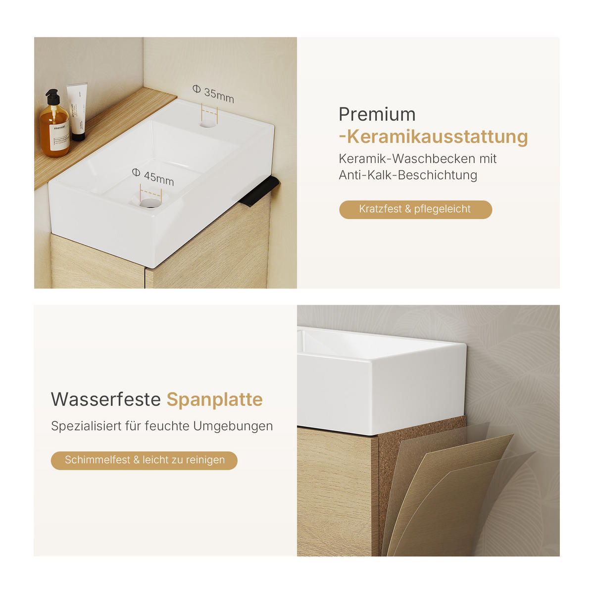 WASCHTISCHKOMBI 41,7 cm Eiche Natur mit Keramik-Waschbecken - Eichefarben/Schwarz, Holzwerkstoff (41.7/64.6/24cm) - EMKE