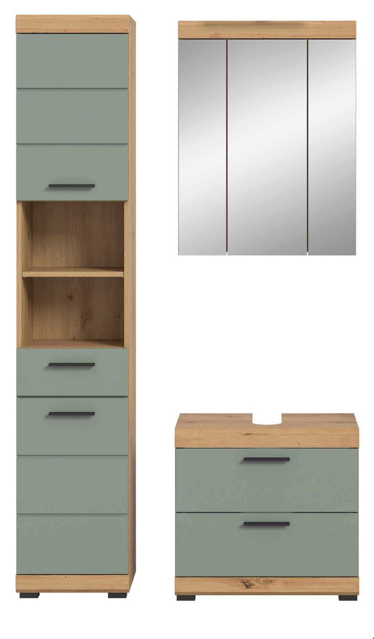 BADMÖBEL-SET Salbei grün, Eiche Artisan 3-teilig 112 cm, Komplettset mit viel Stauraum - Salbeigrün/Schwarz, Glas/Holzwerkstoff (112/191/37cm) - Inn.Furn
