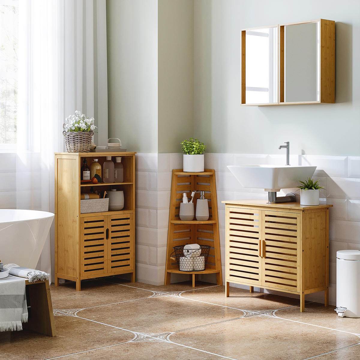WASCHBECKENUNTERSCHRANK DE-15867 aus Bambus mit 2 Türen Natur - Naturfarben, Naturmaterialien (66/61.5/29cm) - ComfortXL