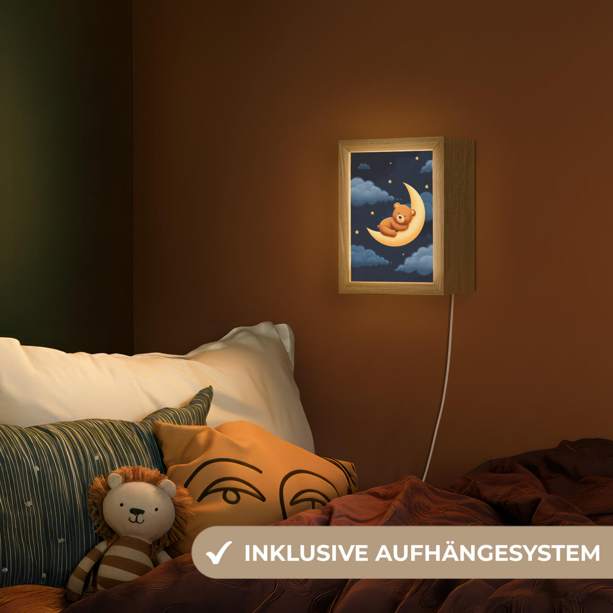 NACHTTISCHLAMPE Teddybär - Mond - Wolken - Sterne 15x20 cm - Dunkelblau, Holzwerkstoff (8/15/20cm)