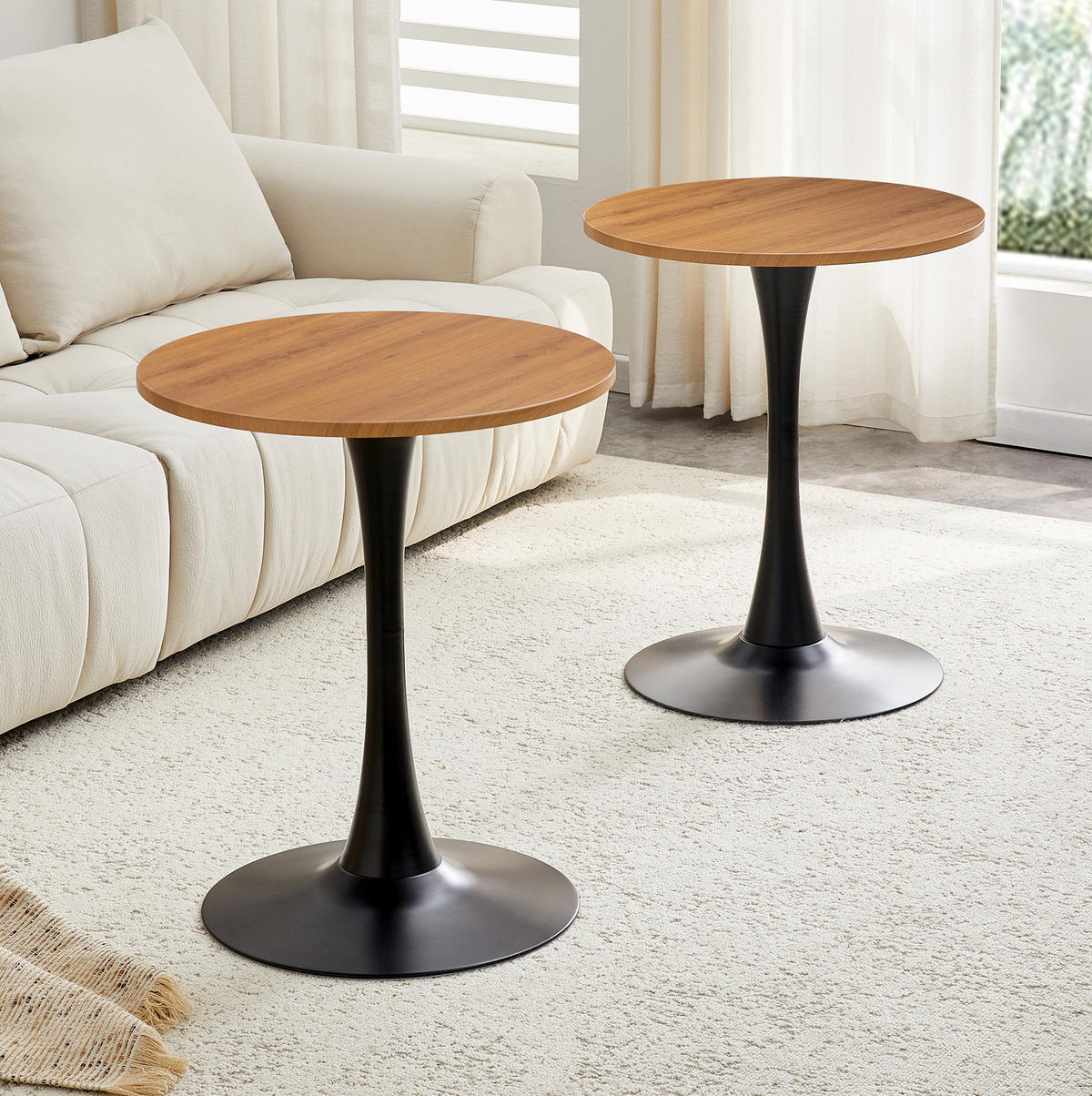 BEISTELLTISCH 60/60/72 cm mit runder Tischplatte, Thermoform-Oberfläche und stabilem Metallfuß, Schwarz/Holzfarben - Naturfarben, Holzwerkstoff (60/60/72cm) - Redom