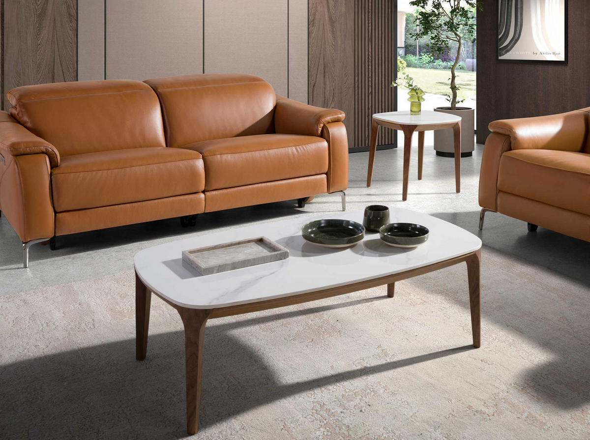 COUCHTISCH Ovaler Tisch aus Porzellan, Marmor und Nussbaum 119/65/41 cm - Walnussfarben/Weiß, Keramik (65/119/41cm) - ANGEL CERDA