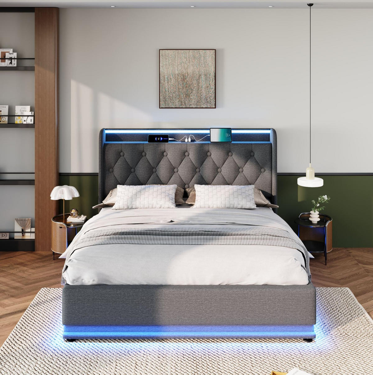 BETT mit LED und Stauraum 140x200 cm Leinen Grey inkl. Matratze - Grau, Metall (140/200cm) - Meubliv