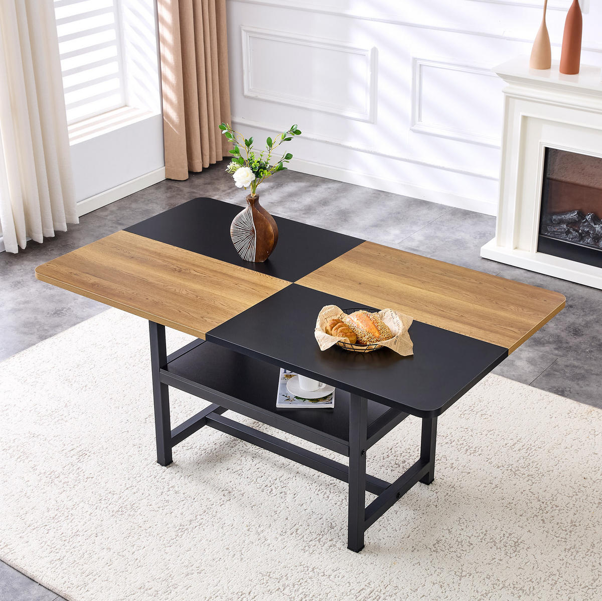 JEDÁLENSKÝ stôl 160/90/76 cm čierna/drevo, MDF/kov, s úložným regálom - čierna, kompozitné drevo (160/90/76cm) - BEAOK