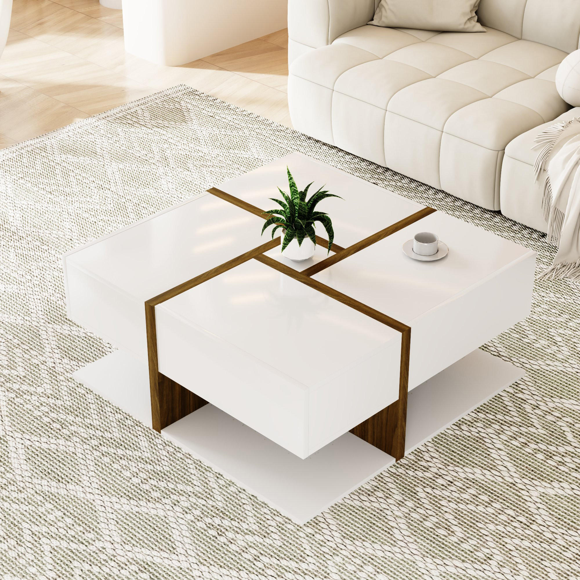 COUCHTISCH Weiß mit 4 Schubladen 78/78/34.8 cm - Weiß, Holzwerkstoff (78/78/34.8cm) - Urban Meuble