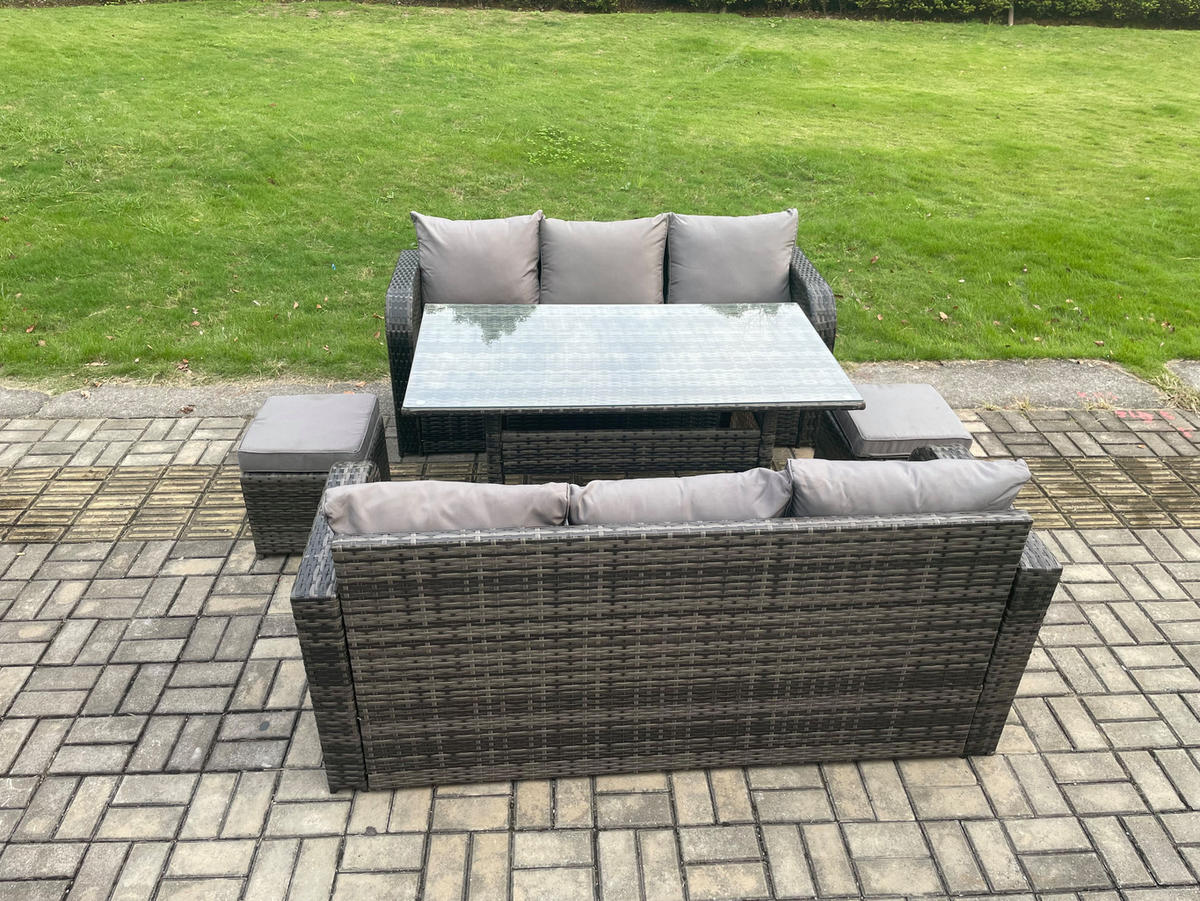 GARTENGARNITUR mit 3-Sitzer Sofa,2 Hockern Polyrattan Dunkelgrau 8-Sitzer - Dunkelgrau/Grau, Glas/Kunststoff - Fimous