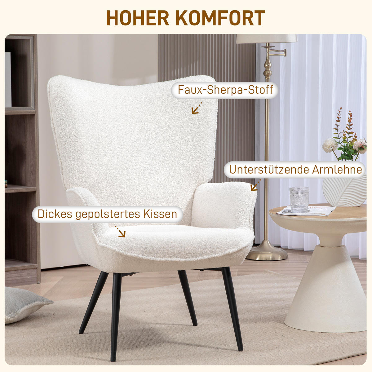 OHRENSESSEL gepolsterter Relaxsessel mit Armlehne, Metallbeine, Cremeweiß - Creme, Kunststoff (77/102/71cm) - HOMCOM
