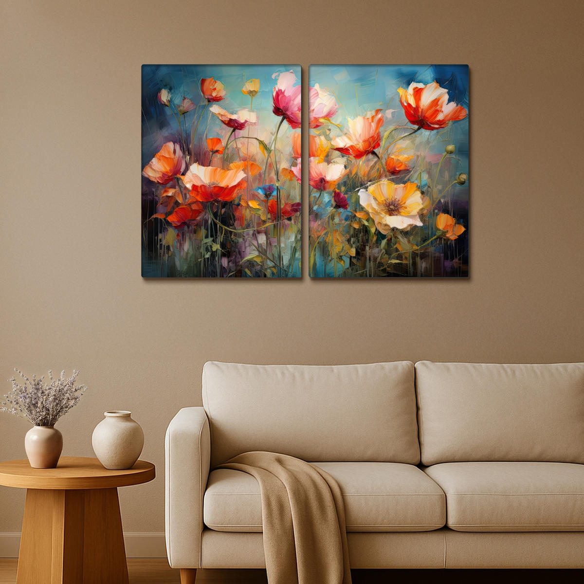 LEINWANDBILD 2er Set Blumen - Bunt - Abstrakt 100x70 cm - Blaugrau, Textil (100/70cm) - MuchoWow