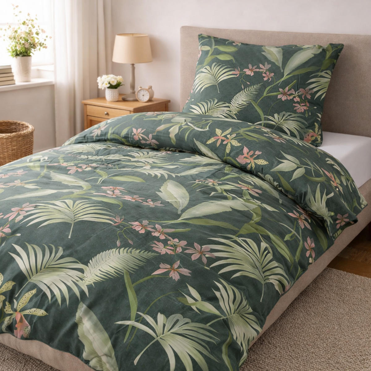 BETTWÄSCHE Byrklund 2-teilig 135x200/80x80cm Greens & Flowers - Grün, Naturmaterialien (135/200cm)