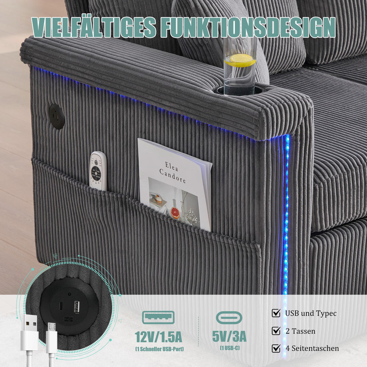 SOFA Corduroy mit LED und USB-Anschluss Stauraum 194/73/81 cm Dunkelgrau - Dunkelgrau, Textil (73/194cm) - Redom