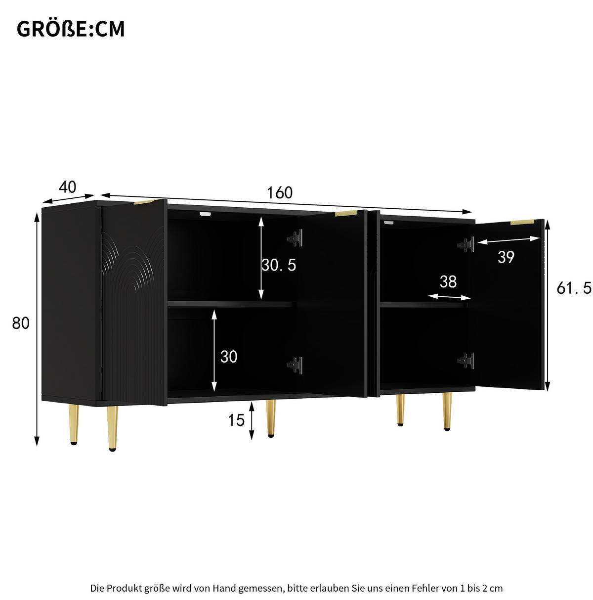 SIDEBOARD 160/40/80 cm Schwarz aus MDF und Spanplatte mit 4 Türen - Schwarz, Holzwerkstoff (40/80/160cm) - OKMYHOME