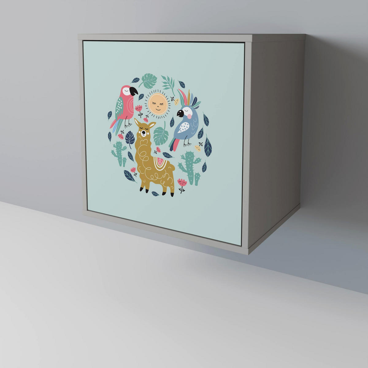 SIDEBOARD COLORFUL ALPACAS, Grau, 57,5x42x77,5 cm, Schräge Buchenholzfüße - Buchefarben/Multicolor, Holzwerkstoff/Buchenholz (57.5/77.5/42cm) - SpaceRebels