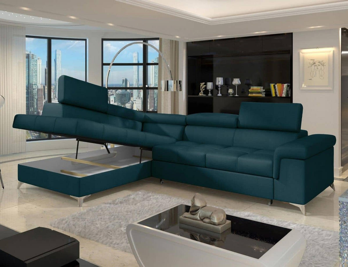 ECKSOFA mit Schlaffunktion und Bettkasten, pflegeleichter Monolith-Stoff - Chromfarben/Dunkelblau, Textil/Metall (275/202cm) - Eltap