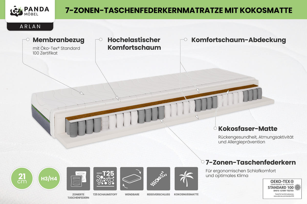 POLSTERBETT Zaira 100x200cm – Elegantes Polsterbett für modernen Wohnstil , ZONIERTE TASCHENFEDERN KOKOS (21cm), creme - Creme, Holz - Panda Möbel