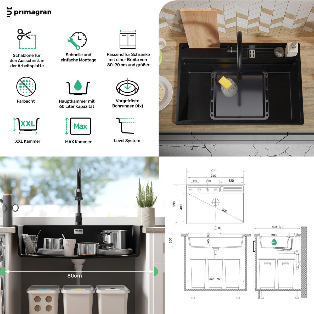 GRANITSPÜLE Oslo Pocket, 2-er set Schwarz 78/53 cm 1 Becken + Küchenarmatur 40/20 cm + Ablauf-Set + Küchenzubehörset ab 80er Unterschrank - Chromfarben/Beige, Kunststoff (78/20/53cm) - Primagran