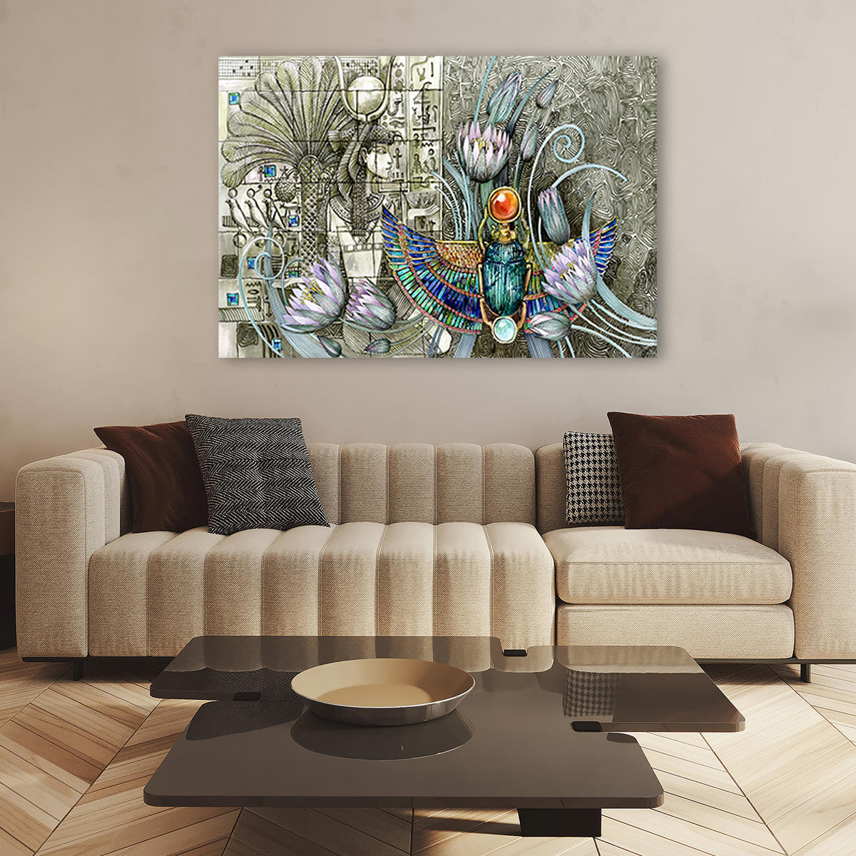 WANDBILD ägyptische hieroglyphen und skarablen - Beige, Textil (60/40cm) - Feeby