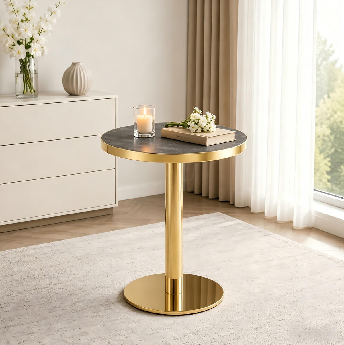 BEISTELLTISCH rund in Grau/Gold mit Marmoroptik und Edelstahlgestell,59.5/59.5/73.5 cm - Grau, Holzwerkstoff (59.5/59.5/73.5cm) - BEAOK