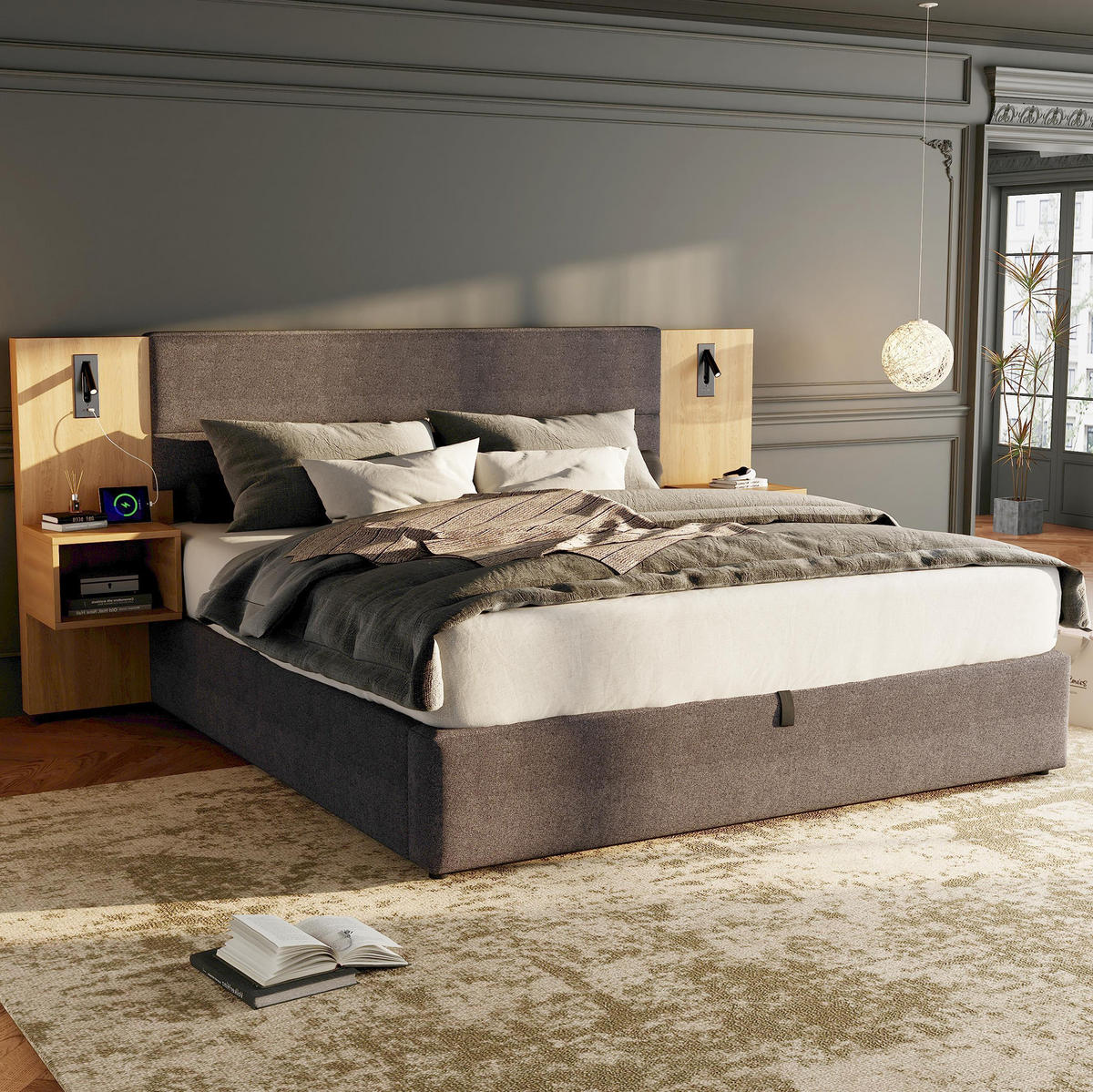 POLSTERBETT 180/200 cm aus Samt mit USB, Beleuchtung, Stauraum und 2 Nachttischen Grau/Natur - Grau, Textil (180/200cm) - Modenvie