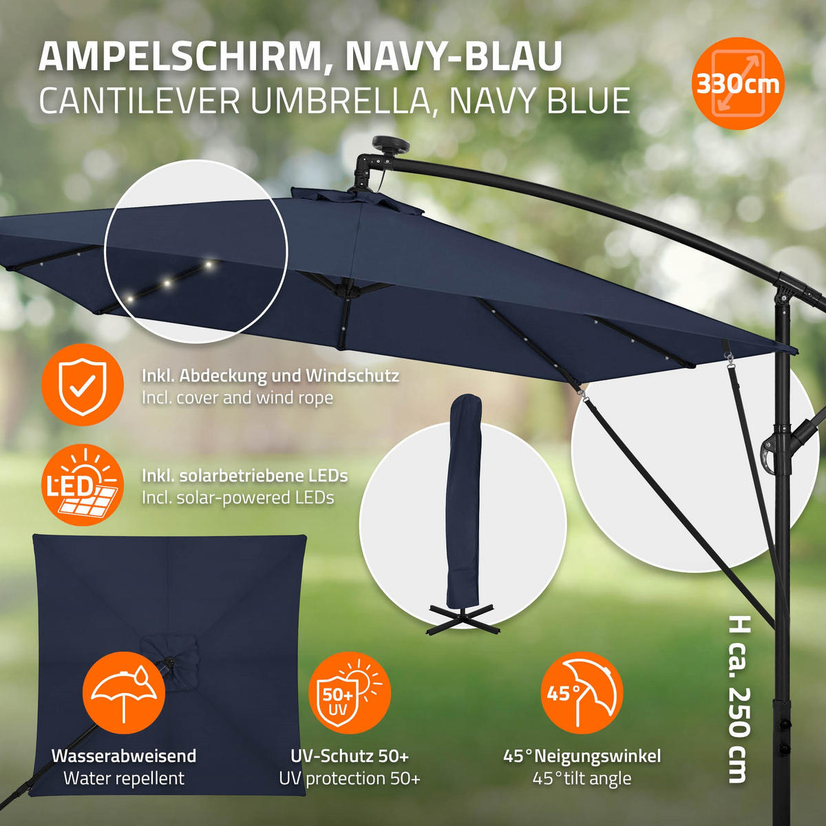 AMPELSCHIRM Ø 330 cm in Navy Blau aus Aluminium mit LED-Solar - Blau, Metall (330/330cm) - ML-DESIGN