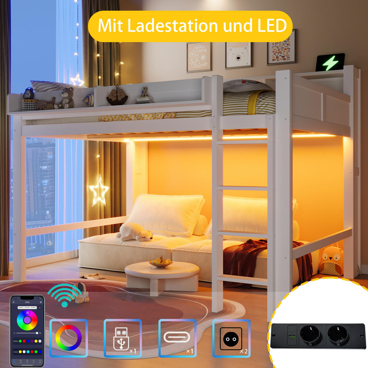 HOCHBETT 140/200 cm in Weiß mit 3 Schränken, LED und USB - Schwarz, Holzwerkstoff (140/200cm) - STILVORA