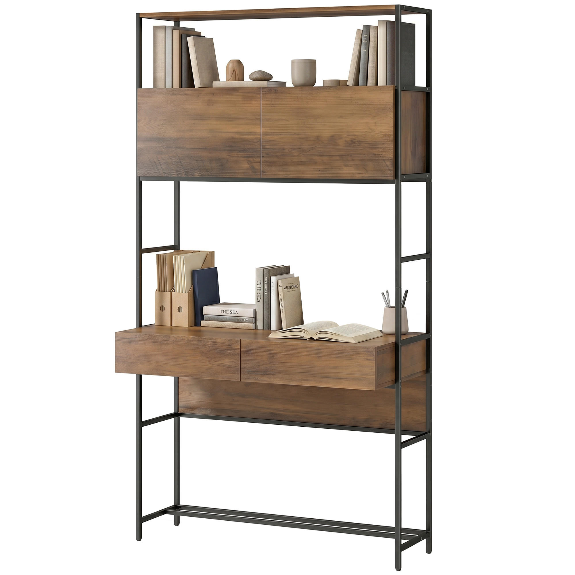 COMPUTERTISCH mit Regalen und Schubladen 185 cm hoch - Braun, Holzwerkstoff (45/100/185cm) - Gisaae