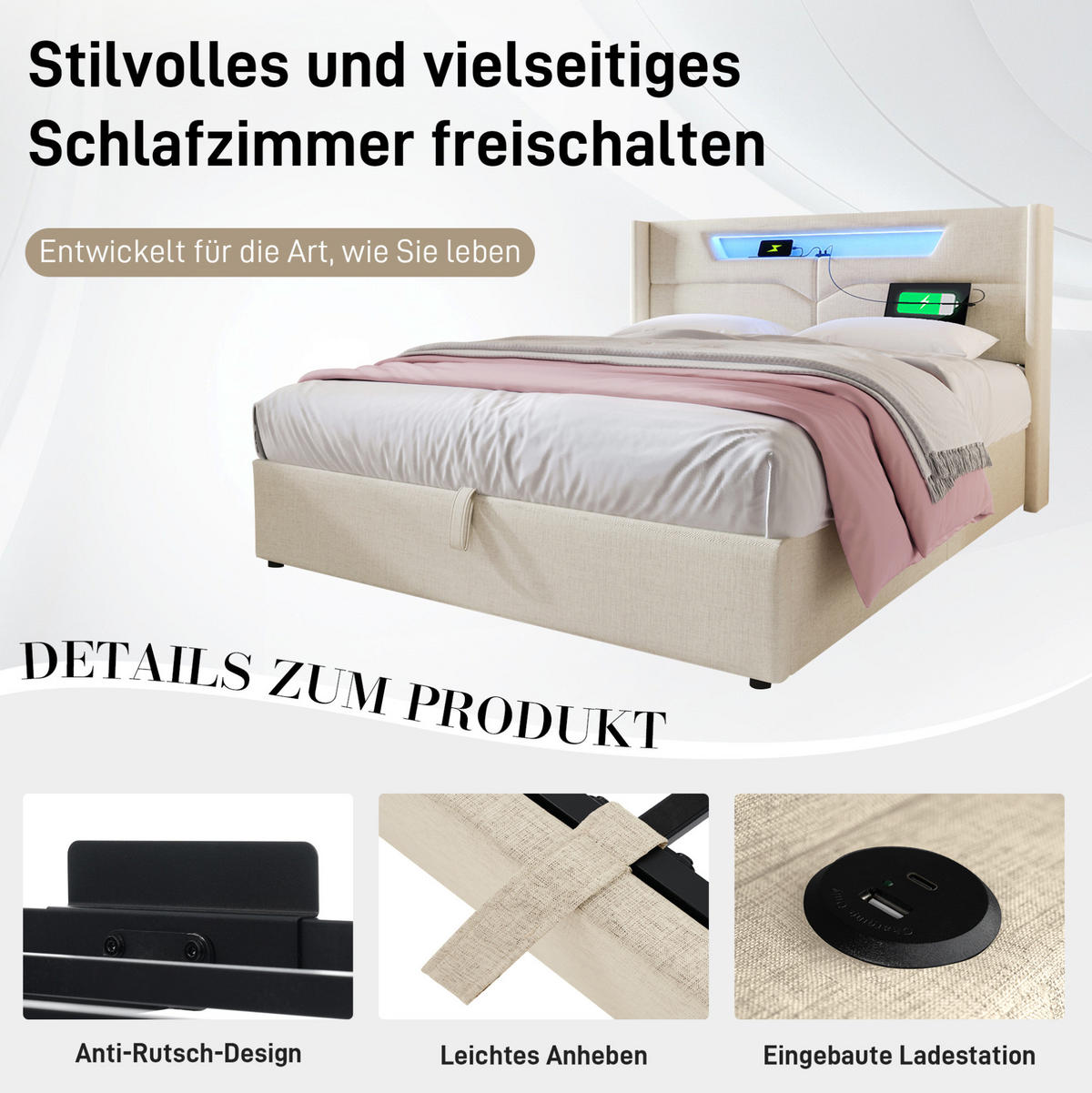 POLSTERBETT 160/200 cm aus Leinen mit LED und USB-C Ladefunktion Beige - Beige, Textil (160/200cm) - Modenvie