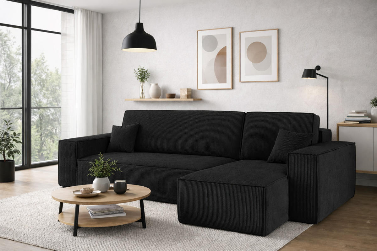 ECKSOFA Mit Schlaffunktion Und Bettkasten BEST Stoff Poso Dicker Cord Schwarz Rechts - Schwarz, Holz/Textil (244/142cm) - Kaiser Möbel