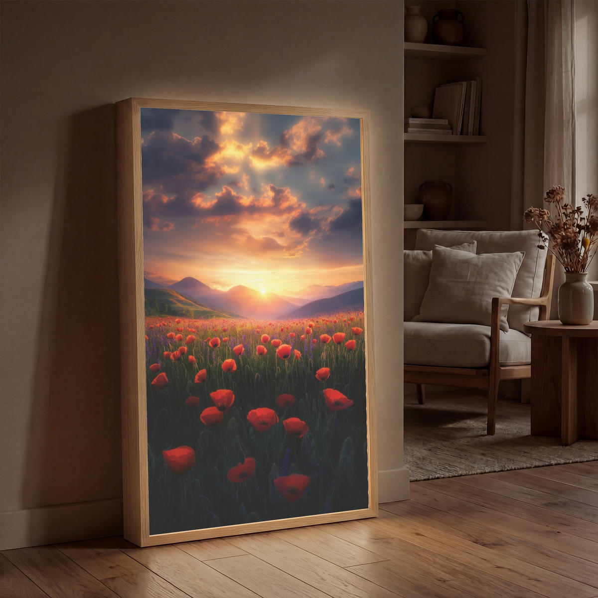 WANDLEUCHTE MIT AKKU Landschaft - Sonnenuntergang - Blumenfeld 70x100 cm - Rot, Holzwerkstoff (70/100/8cm) - OnlyWow