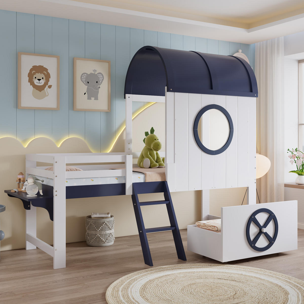 KINDEREINZELBETTEN aus Massivholz und MDF 90x200 cm in Weiß/Dunkelblau mit Dach & Fenster - Weiß, Holzwerkstoff (90/200cm) - Modfu