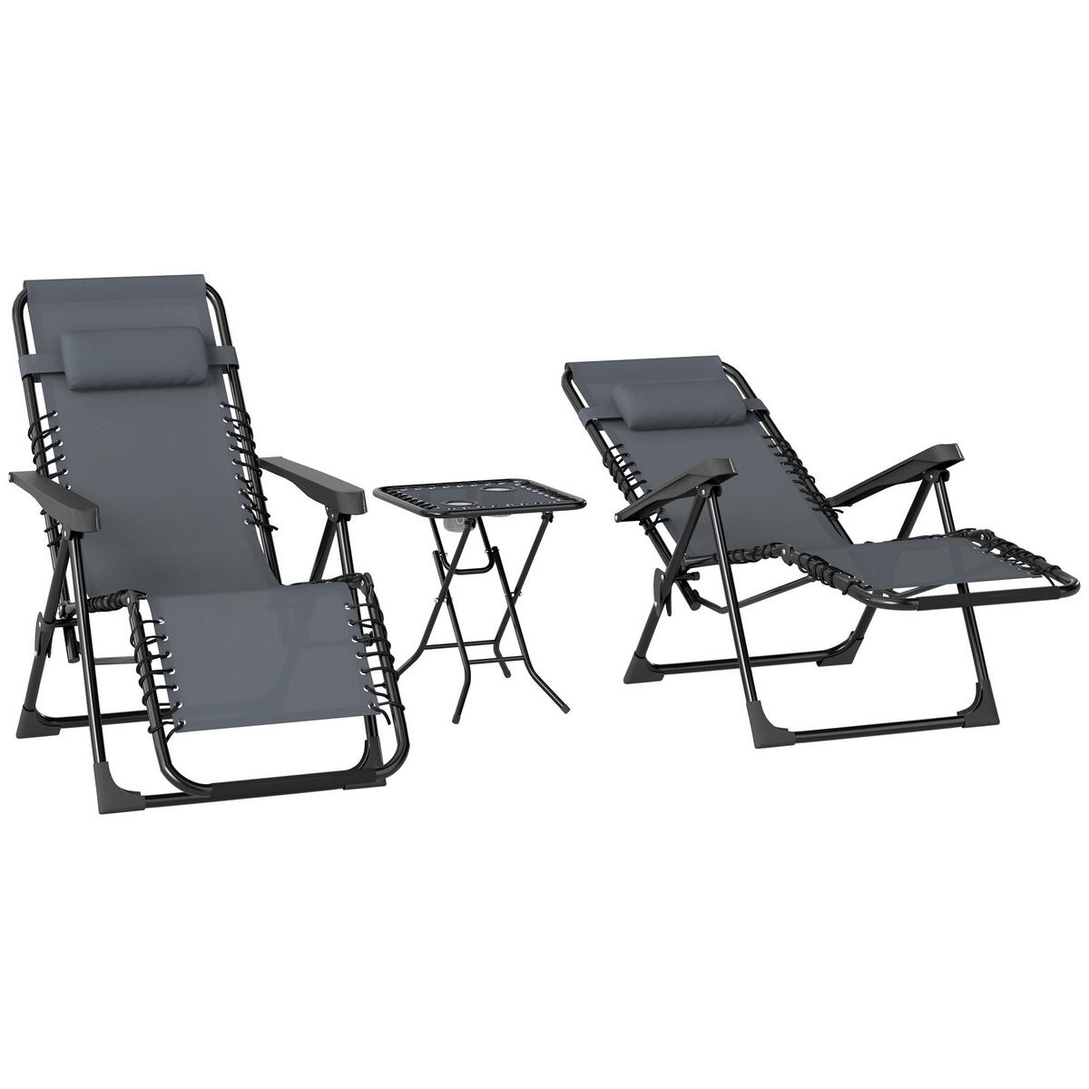 SONNENLIEGE Set mit 2 klappbaren Zero-Gravity-Liegestühlen mit verstellbarer Rückenlehne und Tisch,60*65*110 cm,,Grau - Grau, Metall (65/110/90cm) - Vallsero