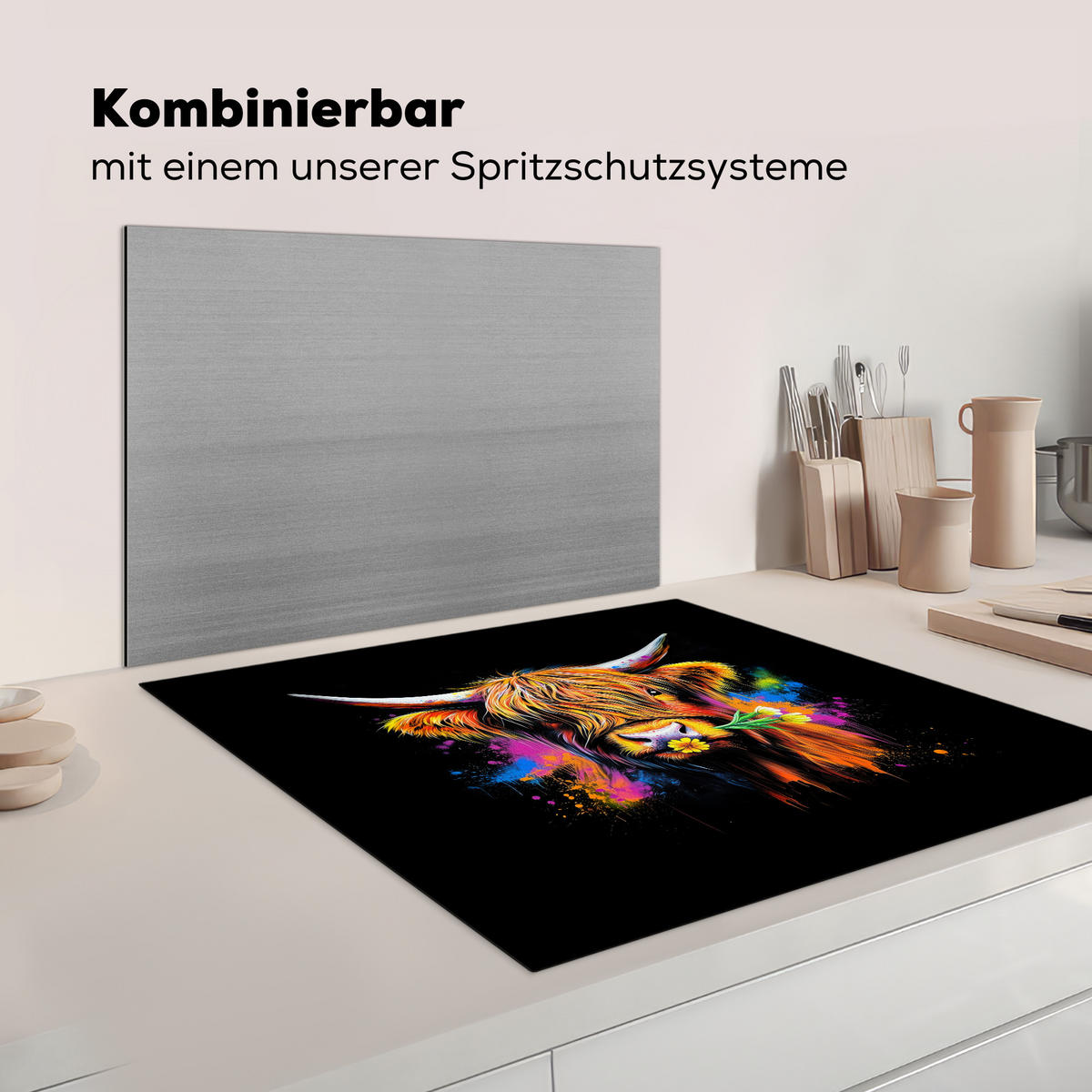 HERDABDECKPLATTE Schottischer Highlander - Graffiti - Bunt - Blume - Tiere Induktionsmatte 78x78 cm - Multicolor, Kunststoff (78/78/0.2cm) - MuchoWow