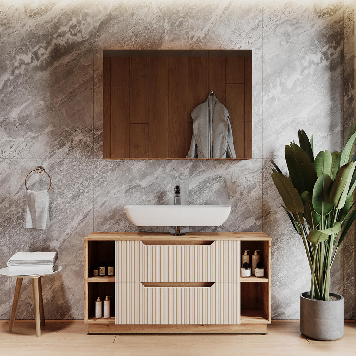 BADMÖBEL-SET Lotta Eiche/Kaschmir gestreift 2 Teile - Kaschmir/Eichefarben, Holzwerkstoff (119.2/62.5/35cm) - Vicco
