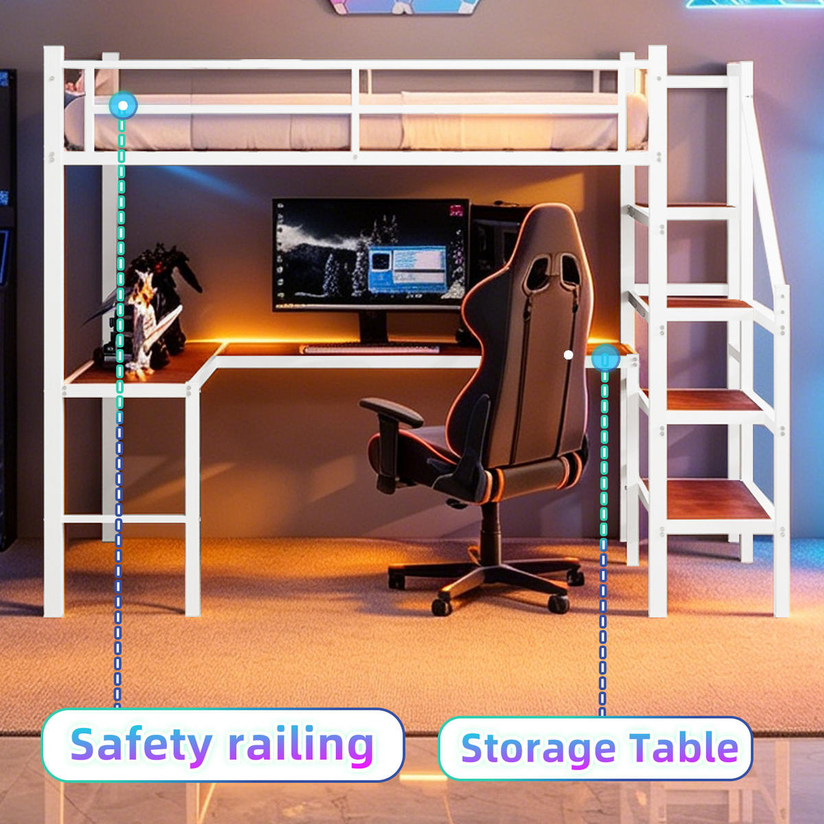 HOCHBETT 90/190 mit L-förmigem Schreibtisch, Stauraumtreppe und Regalen - Weiß, Holzwerkstoff/Metall (90/200cm) - EVRYAE