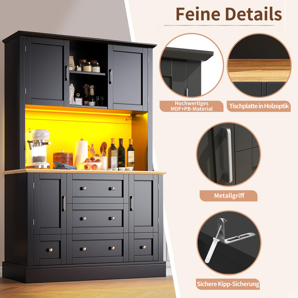 BUFFETSCHRANK Schwarz 115/40/180 cm - Schwarz, Holz (115/180/40cm) - PANGIVO