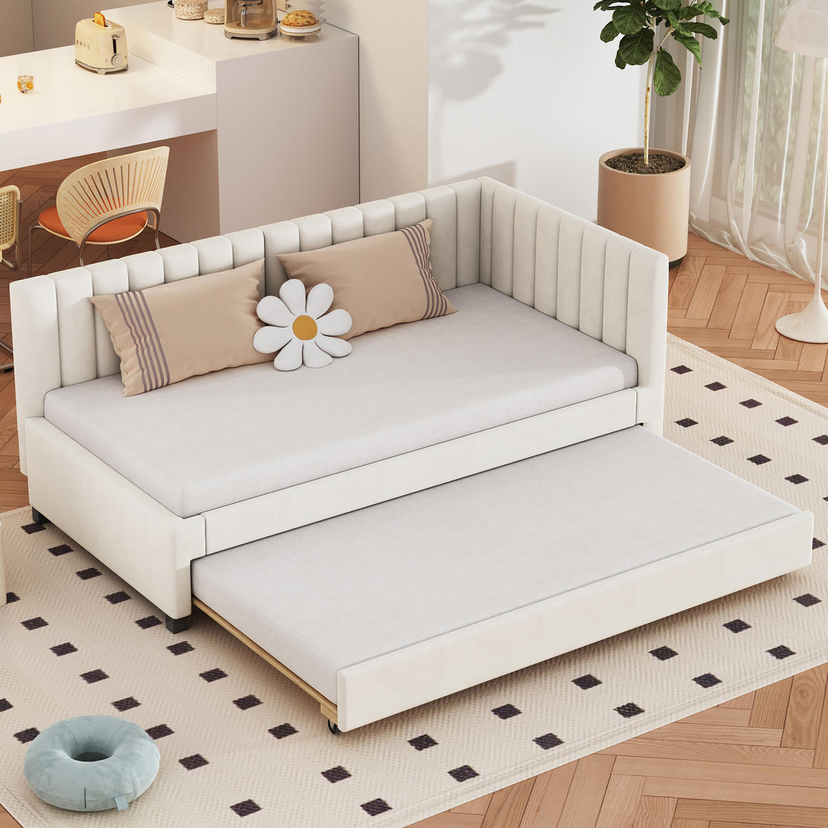 SCHLAFSOFA 90/200 cm in Beige Samt mit Ausziehbett - Beige, Holzwerkstoff/Textil (90/200cm) - WISHDOR