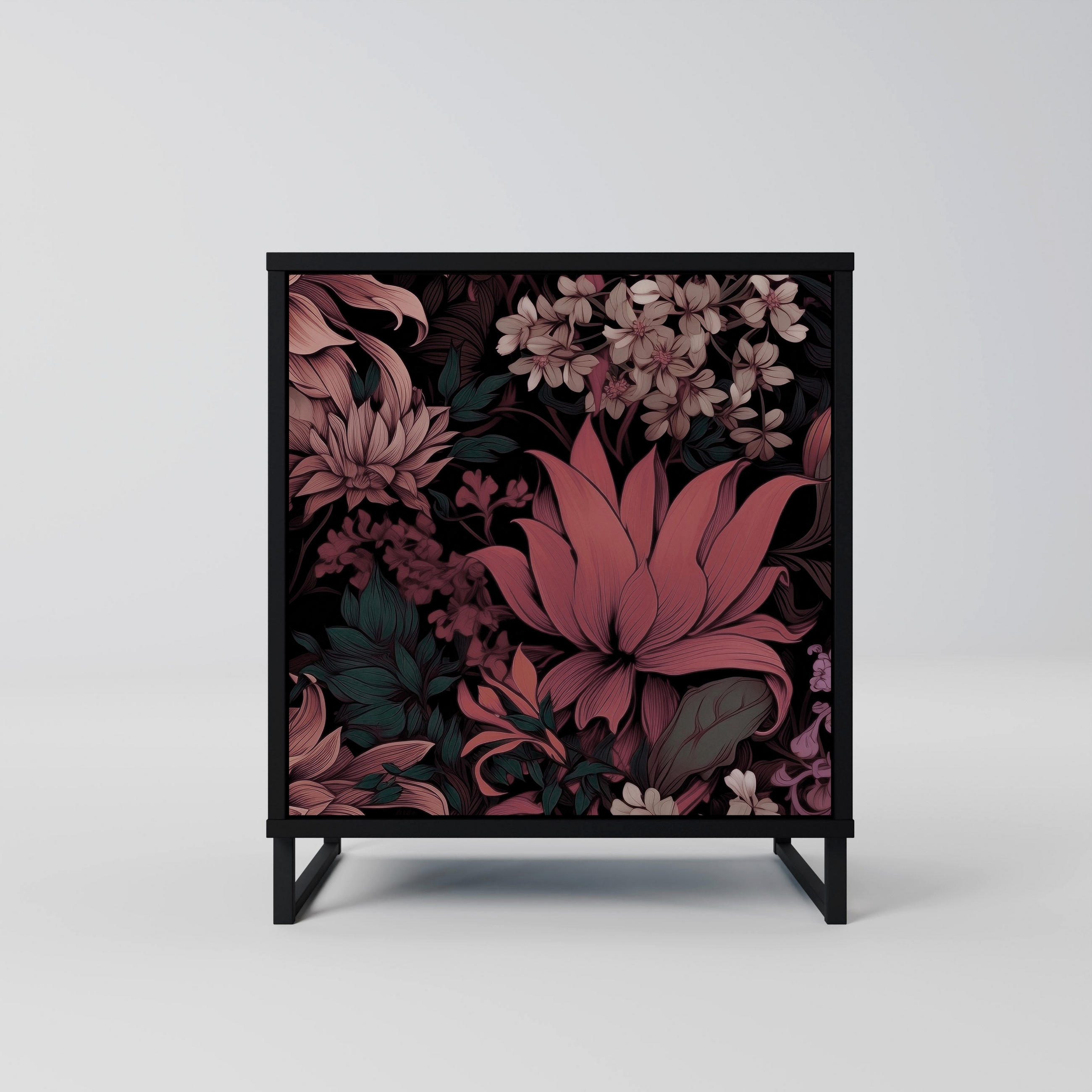 SIDEBOARD FLORAL WHISPER, Schwarz, 57,5x42x67,5 cm, Schwarze Metall-Rahmenfüße - Multicolor/Schwarz, Holzwerkstoff/Metall (57.5/67.5/42cm) - SpaceRebels