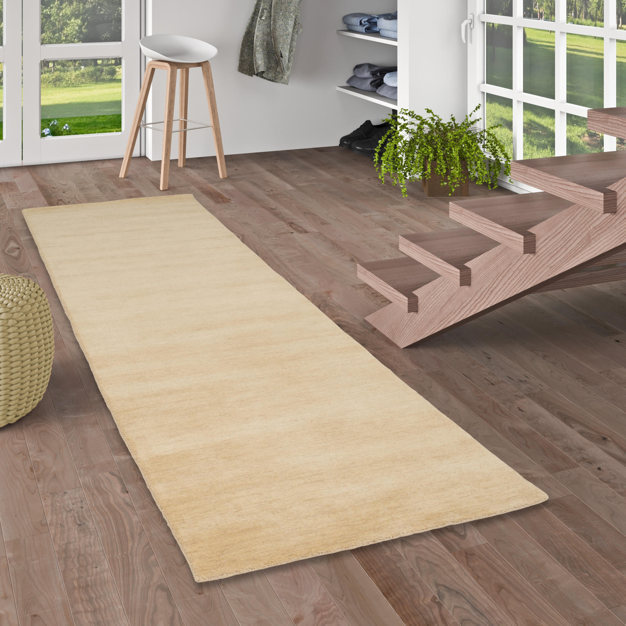 WOLLE NATUR TEPPICH LÄUFER GABBEH MAYA EINFARBIG - Creme, Textil (90/160cm) - Pergamon